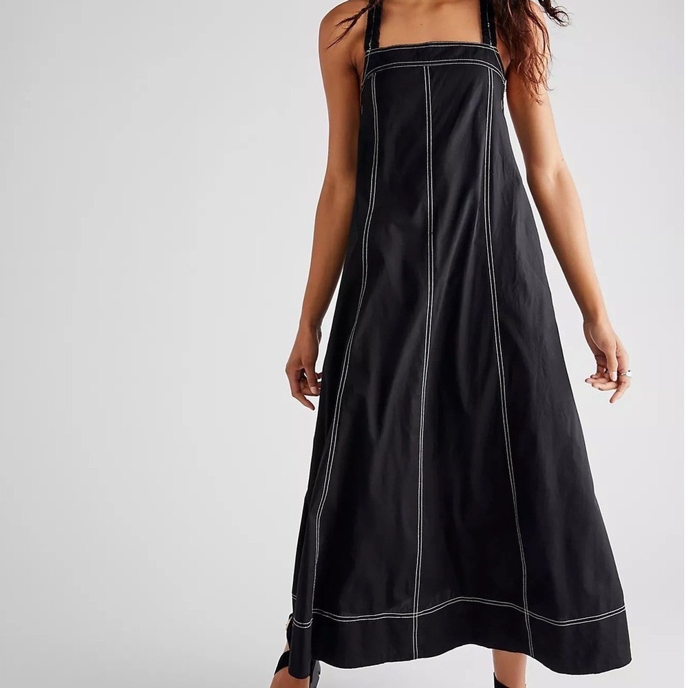 Free People Desert Hearts Apron Dress Black Contrast Stitch Maxi Small